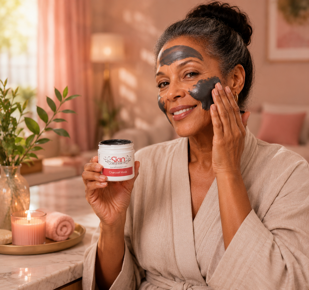 A woman in a beige robe applies a dark charcoal face mask while holding a jar of Skin Obsession Charcoal Face Mask in a spa-like setting