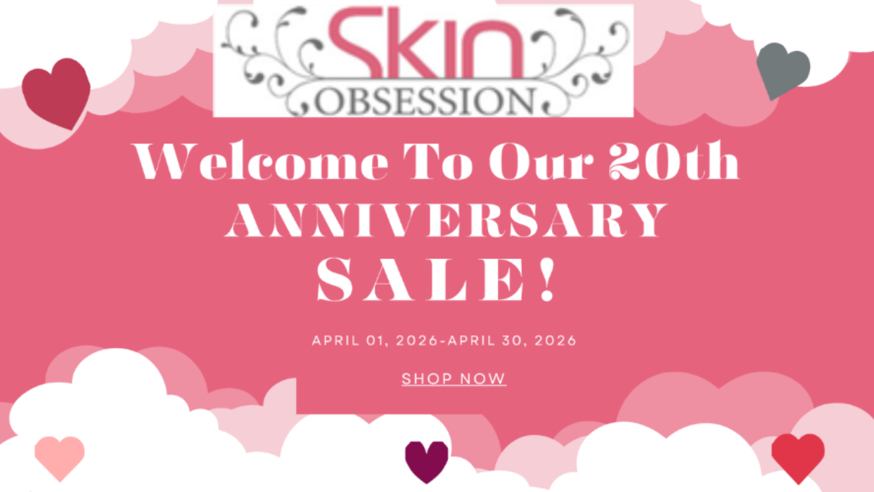 Promotional banner for Skin Obsession's 20th anniversary sale with hearts and a pink background.