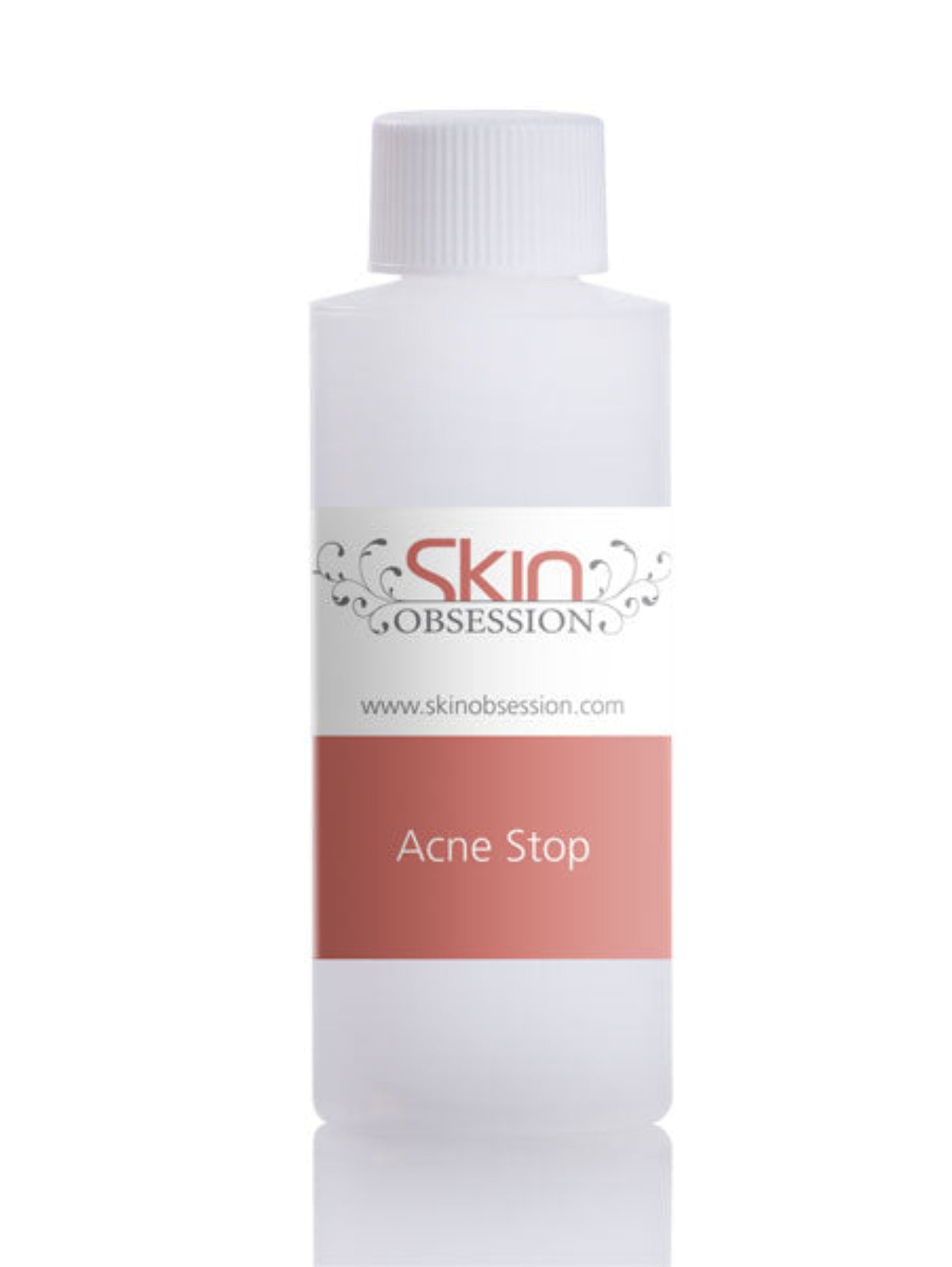 Skincare bottle labeled 'Acne Stop' by 'Skin Obsession' on a white background