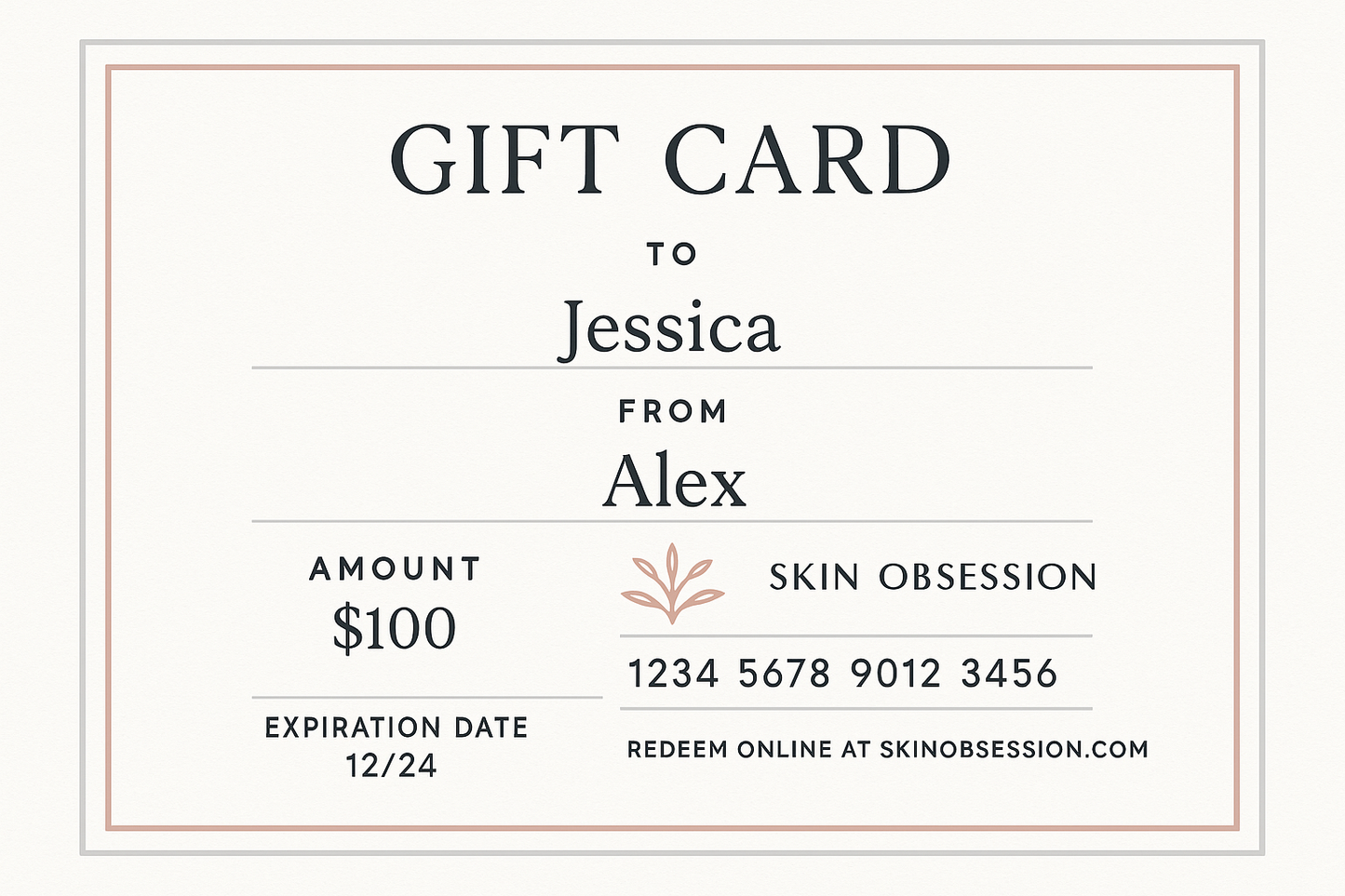 e-gift card white background, dark almost black writing with gray and salomon pink with standard fields