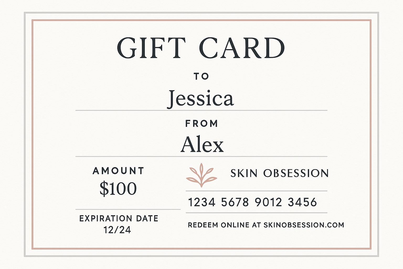 e-gift card white background, dark almost black writing with gray and salomon pink with standard fields